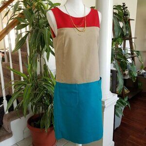 Anne Klein Sz 4 Color Block Sleeveless Shift Dress Red Tan Aqua Blue Throwback